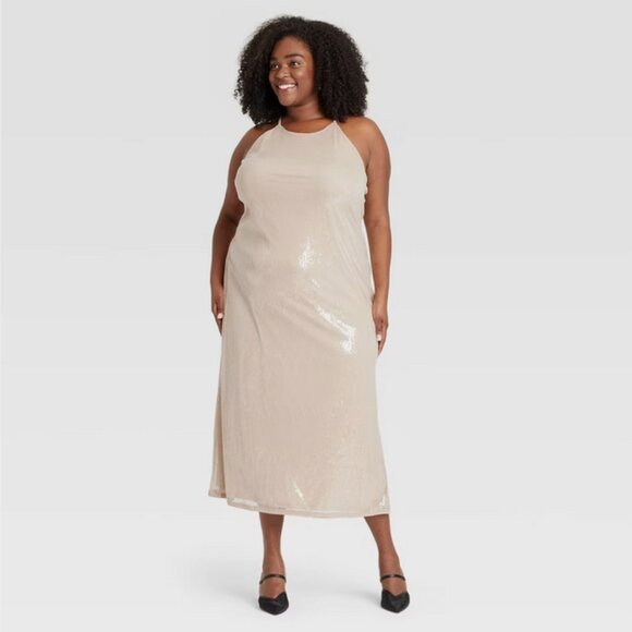 A New Day Women's Sequin Midi A-Line Dress Halter Neckline Side Slit Tan L - Picture 1 of 6